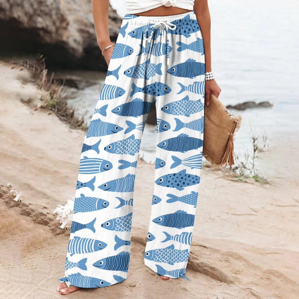 Women's Sardines Printed Casual Straight High Waist Pants