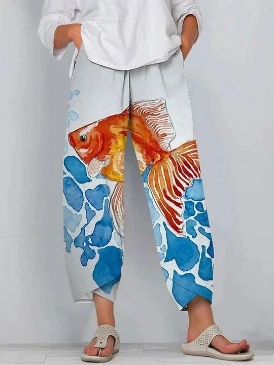 Women's Retro Fish Sardine Art Printing Linen Casual Pants