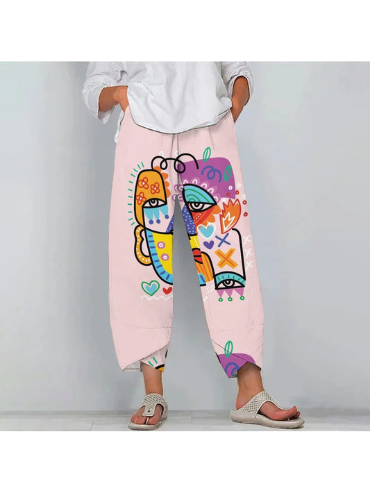 Pink Casual Print Trousers Women's Funny Graphic Chic Beach Pants 2024 New Party Wearing Retro Nine-Point Trousers