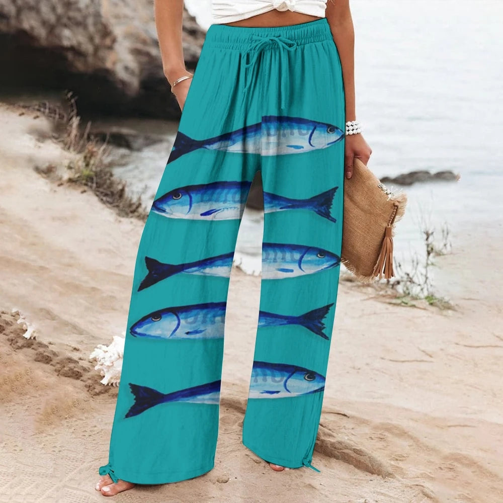 Women's Cotton And Linen Wide Leg Casual Fish Print Pants