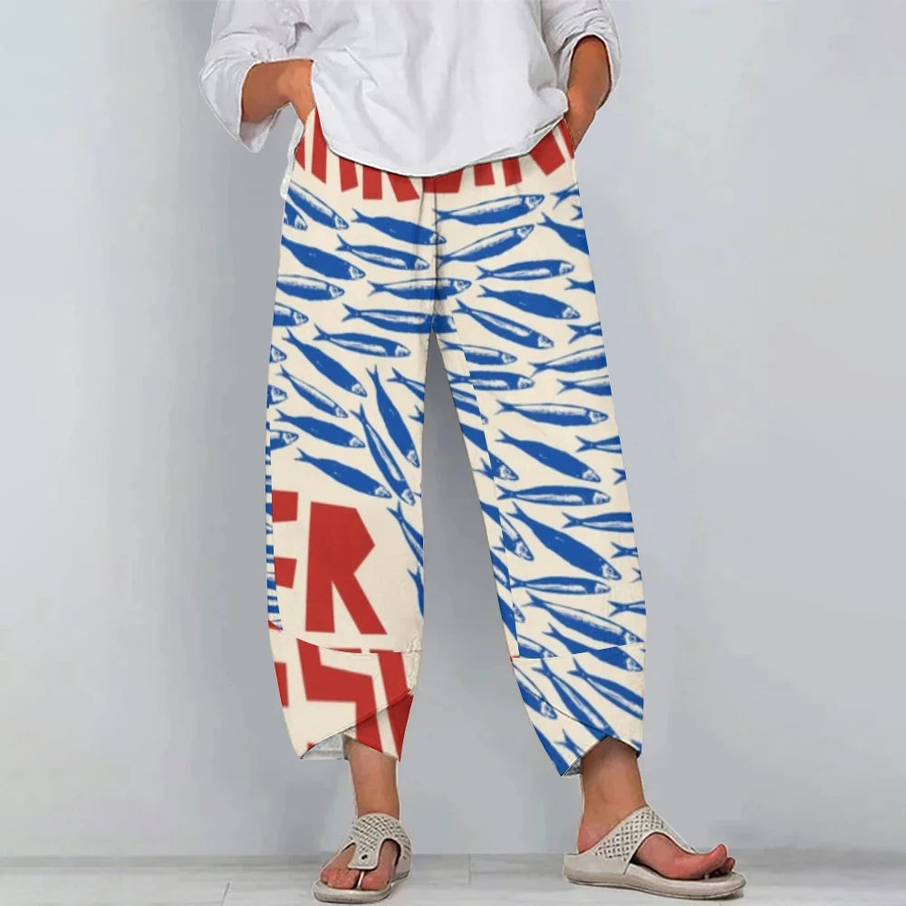 Luxury Sardines Graphic Trousers High Waist Loose Leggings