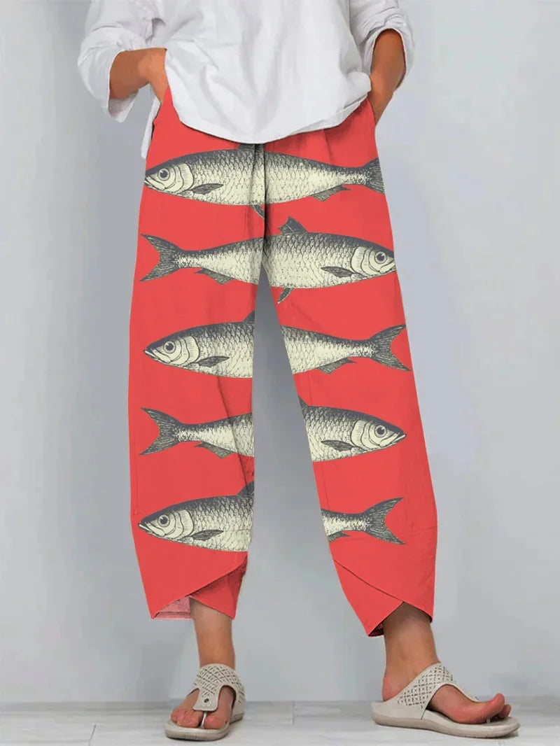 Women's Retro Fish Sardine Art Printing Linen Casual Pants