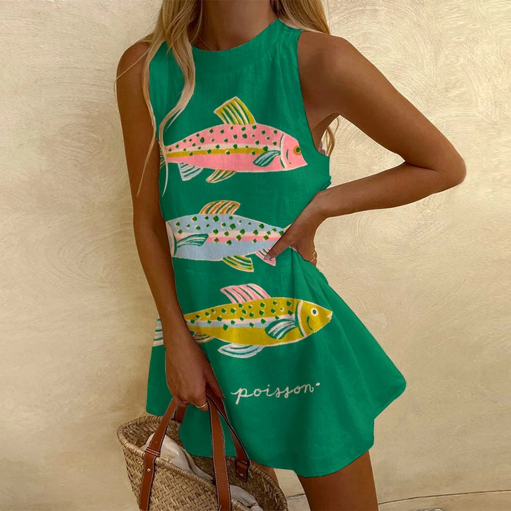 Women's Fish Printed Green Sleeveless Summer Dress Casual