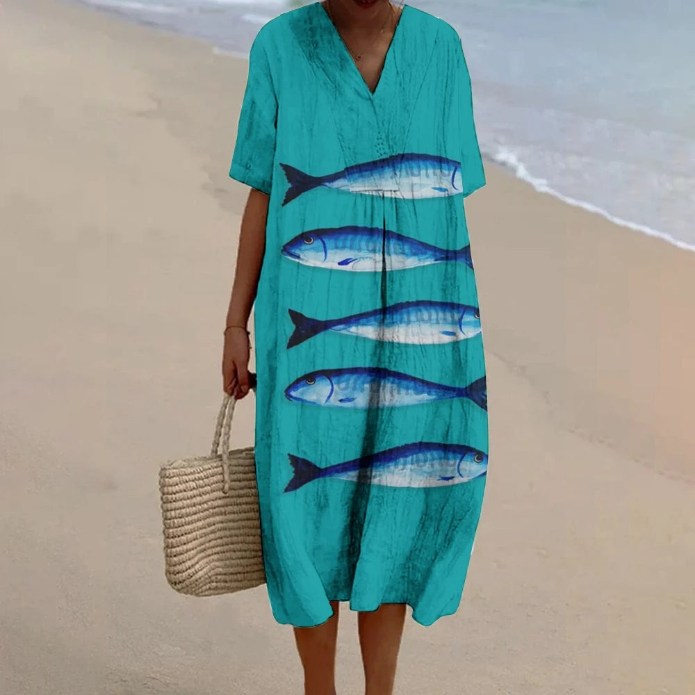 Sardines Printed Casual Skirt V-Neck Beach Shirt High Waist