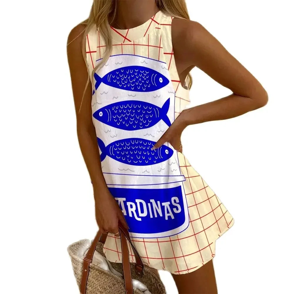 Y2K Clothes Blue Ocean Fish Light Yellow Dress Trend Block