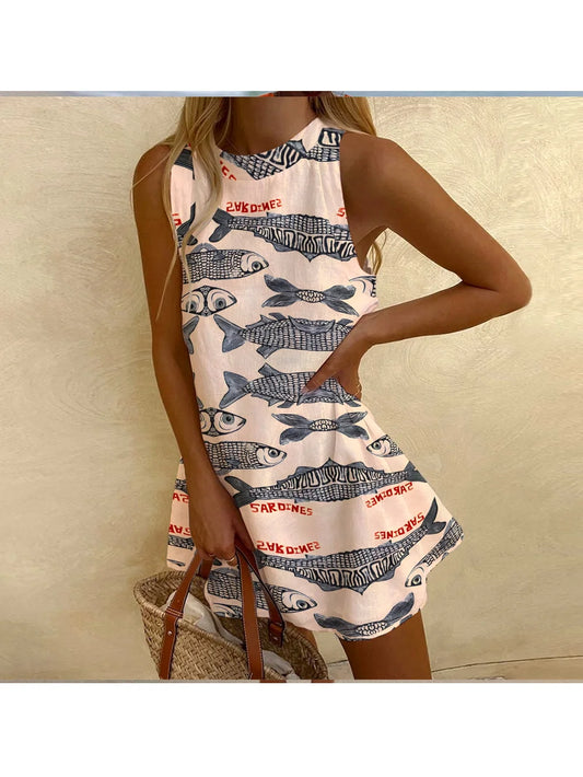 2024 Ladies Sleeveless Dress Chic Contrasting Color Fish Letter Graphic Printing Retro Soft Skirt Beach Party Dresses Trendy New