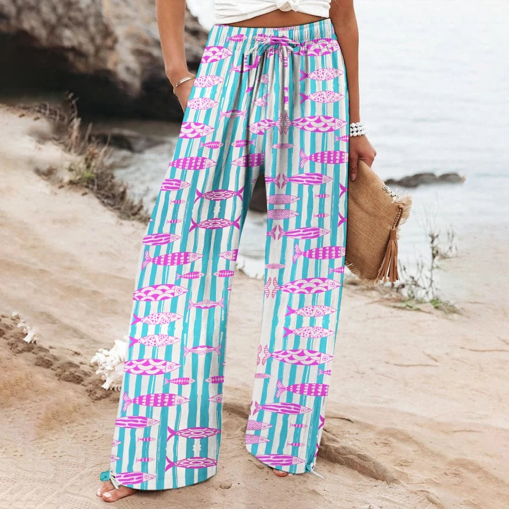 Blue Striped Casual Pants with Pink Fish Print for Women