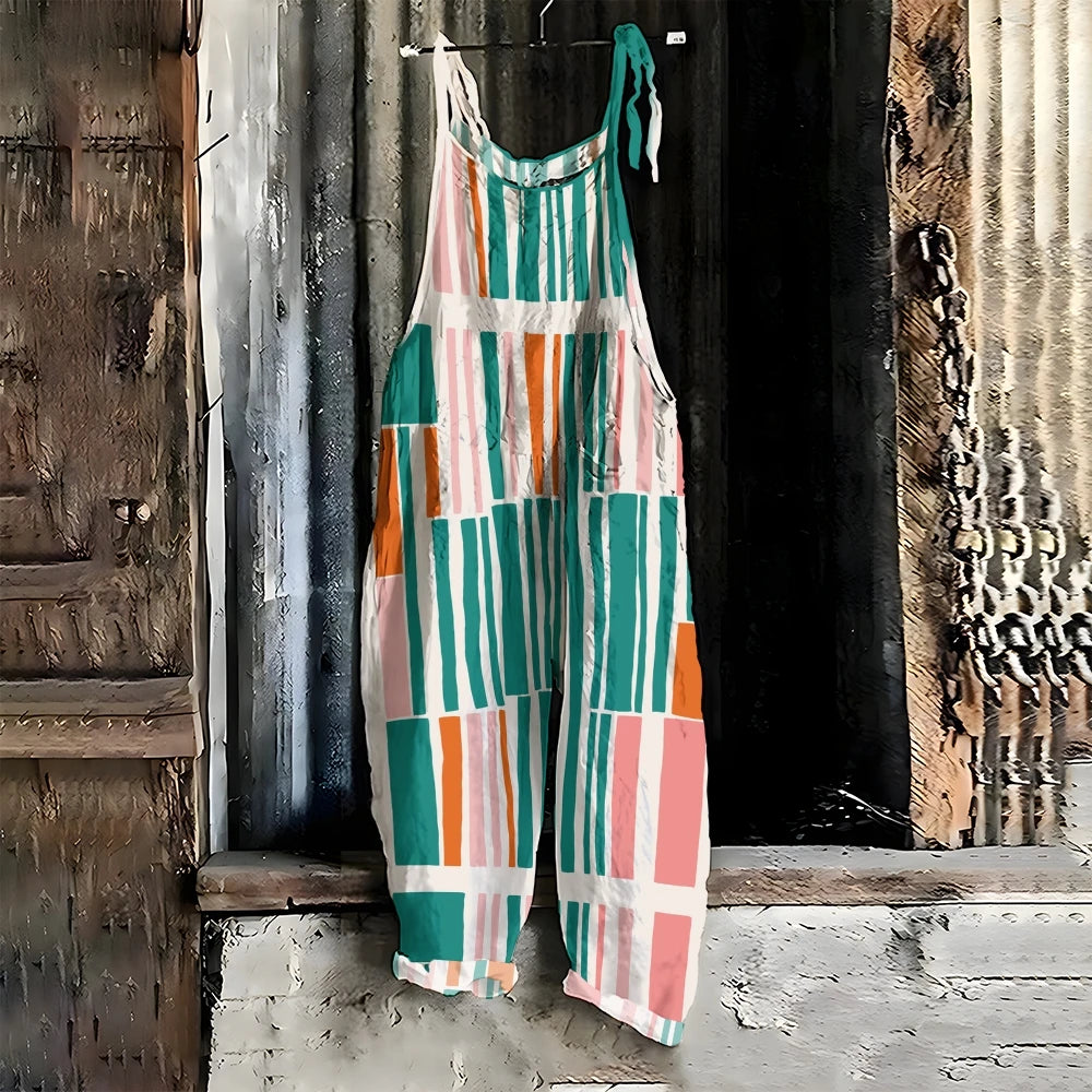 Green Orange White Vibrant Multi-Stripe Women's Jumpsuit