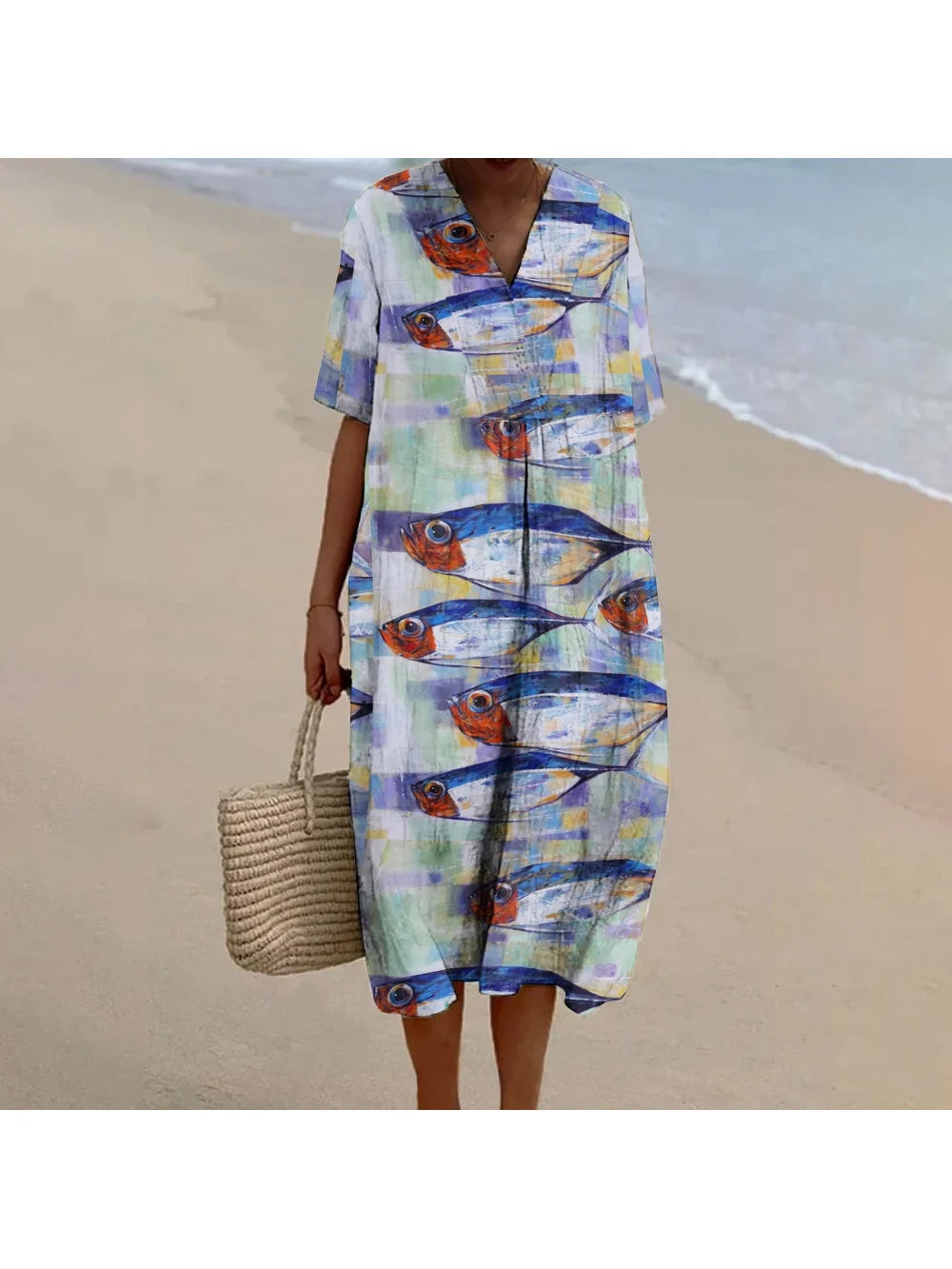 Fashion Ladies Beach Skirt Ocean Fish Graphic Printing Dress