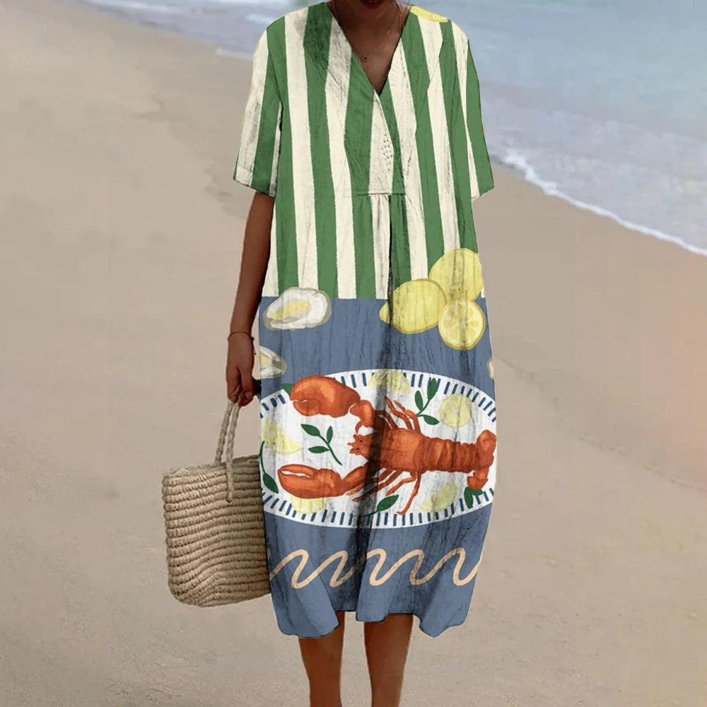 Women's Crab Print Dress summer cotton sewing dress boho cotton dress vacation outfits woman 2024 luxury Hawaii Beach Dresses