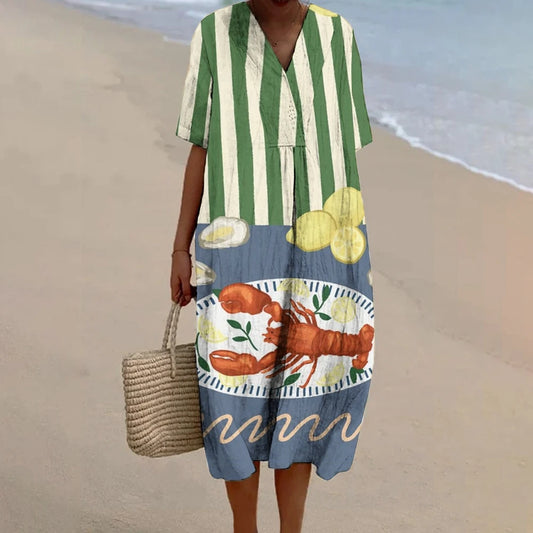 Women's Crab Print Dress summer cotton sewing dress boho cotton dress vacation outfits woman 2024 luxury Hawaii Beach Dresses