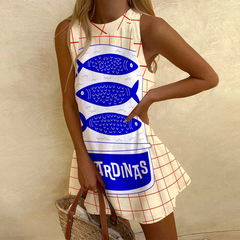 Y2K Clothes Blue Ocean Fish Light Yellow Dress Trend Block