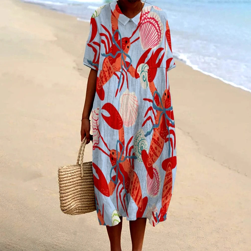 Retro Chic Lobster Printed Dress Casual Elegant Maxi Dress