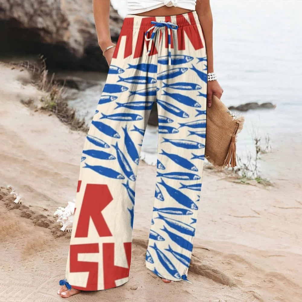 Women's Trend Sardines Graphic Trousers Loose Drawstring Design Beach Trousers Straight Casual New Luxury Wide-Leg Trousers