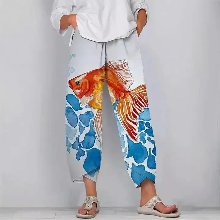 Women's Retro Fish Sardine Art Printing Linen Casual Pants