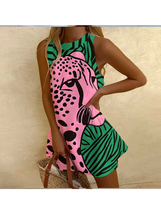 Cartoon Leopard Print Dress Women's Retro Luxury Casual Wear