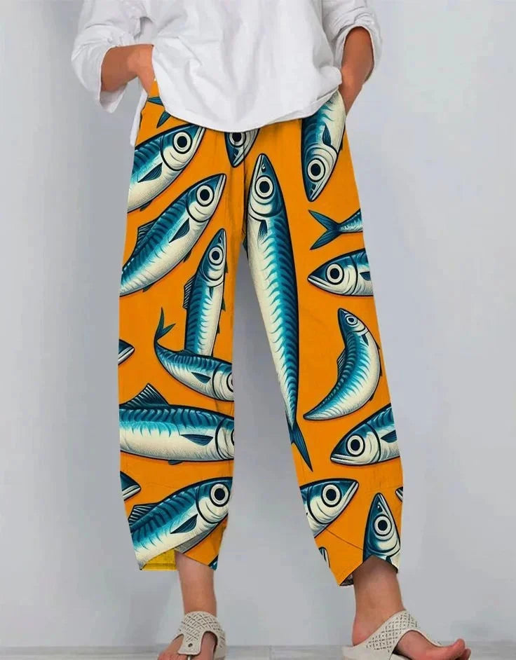 Women's Retro Fish Sardine Art Printing Linen Casual Pants