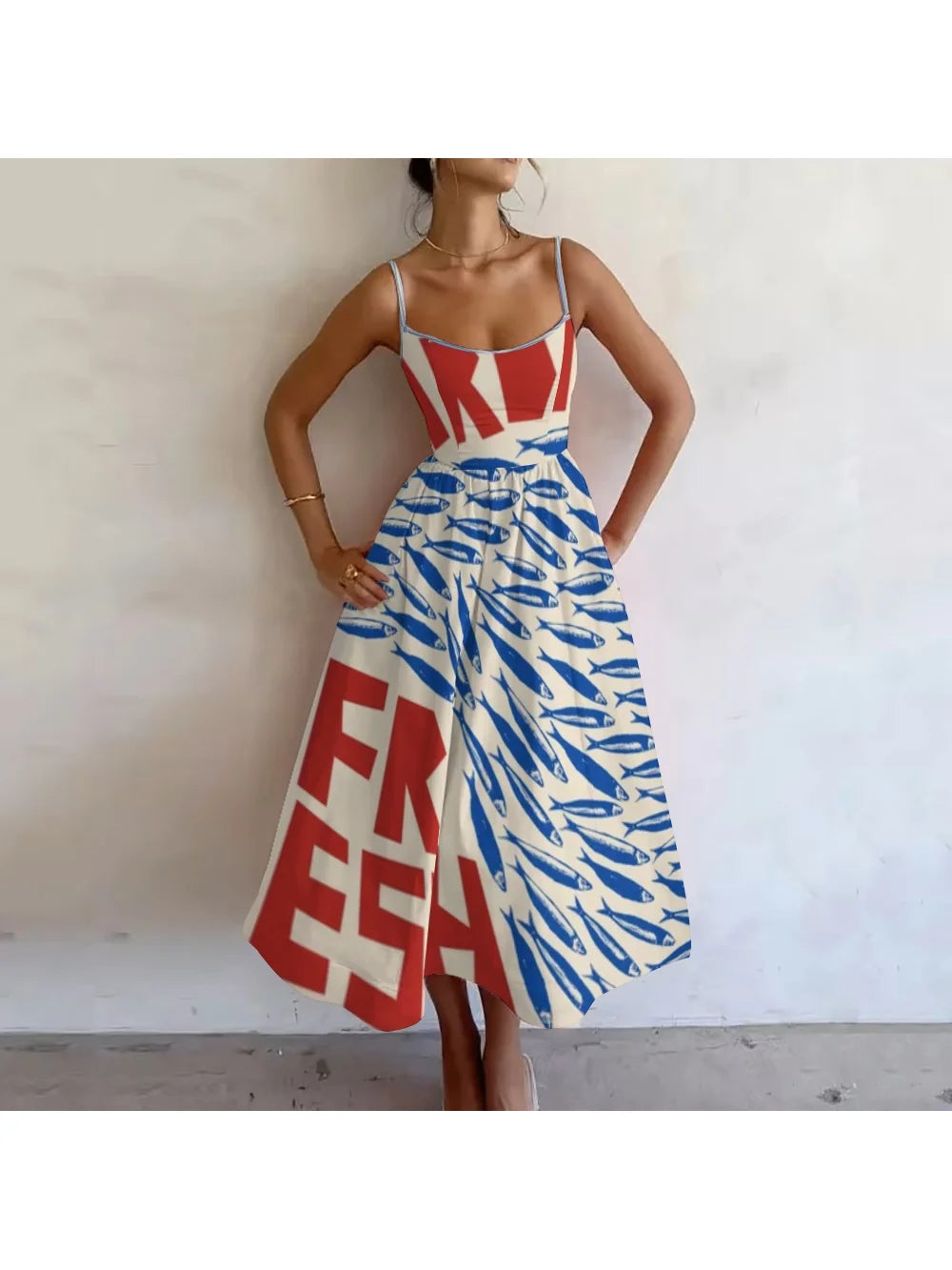 New Color-Blocked Sardine Letter Graphic Dress For Women