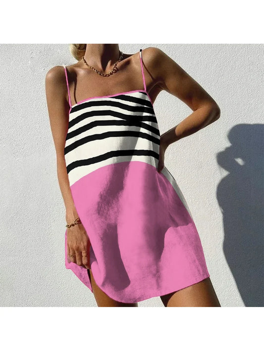 Pink Striped Splicing Suspender Skirt Vibrant Girl Fashion Straight Skirt Chic Casual Loose Cotton Beachwear Soft Dating Clothing