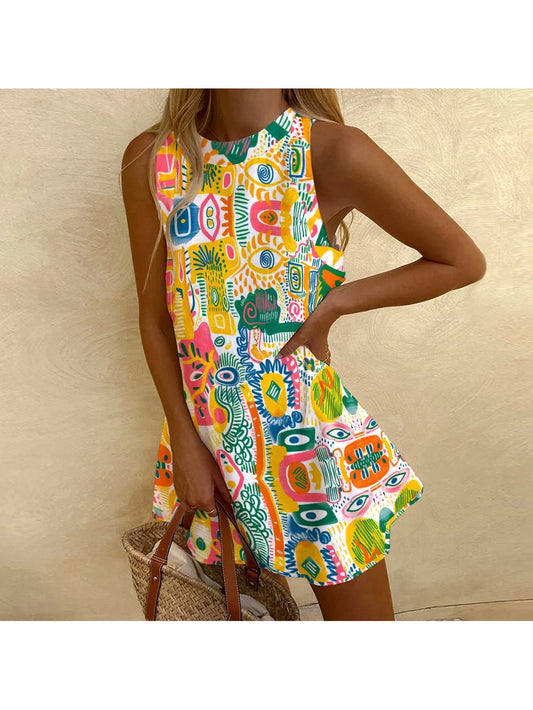 Women's Cartoon Hand-Painted Printed Beach Dress Design Sense Luxury Sleeveless Holiday Dress High Quality Cotton Soft Dress