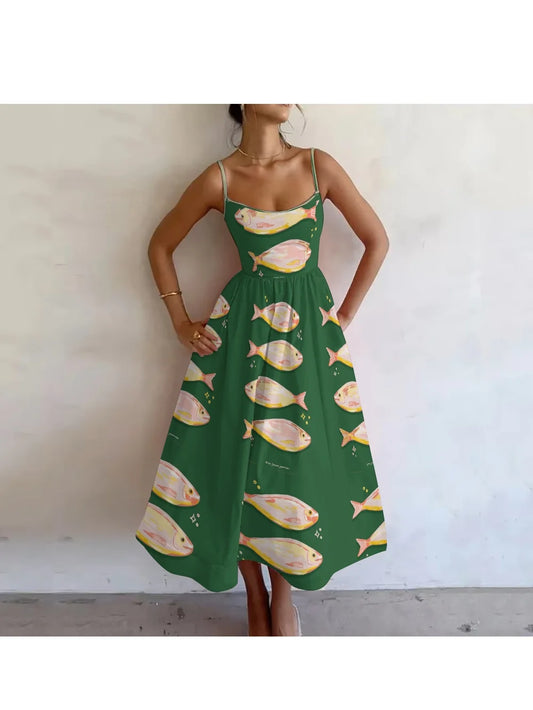 Vintage Women's Suspender Skirt Green Fish Pattern Print Bohemian Style Beach Dress A-Shaped Skirt Luxury High Quality