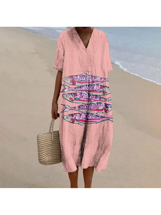 Pink Sardine Casual Dress New Luxury Short-Sleeved V-Neck Straight Beach Dress Loose Soft Cotton Long Dress