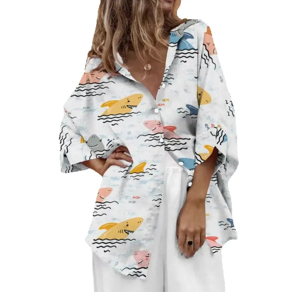 Ocean Fish Print Blue Shirt Seaside Vacation Clothing Full Printing Shirt Hot Selling 2024 Summer Tops Leisure Long Sleeved