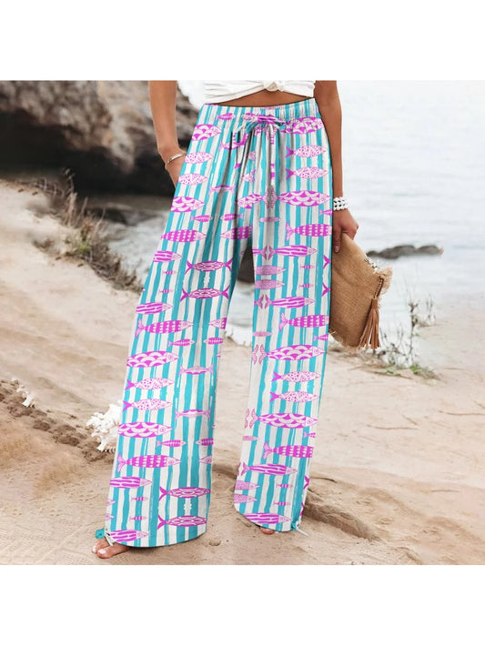 Blue Striped Beach Pants Casual Women New Drawstring High Waist