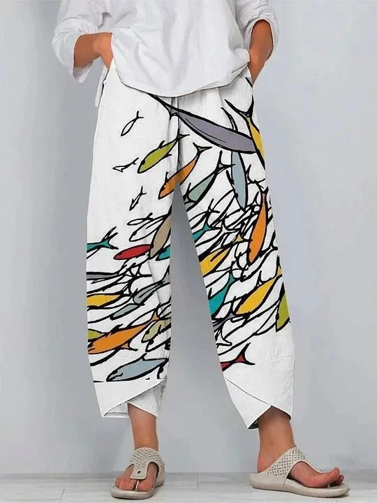 Women's Retro Fish Sardine Art Printing Linen Casual Pants