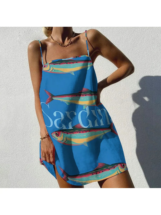 Blue Sardine Print Casual Suspender Skirt Chic Beach Dress