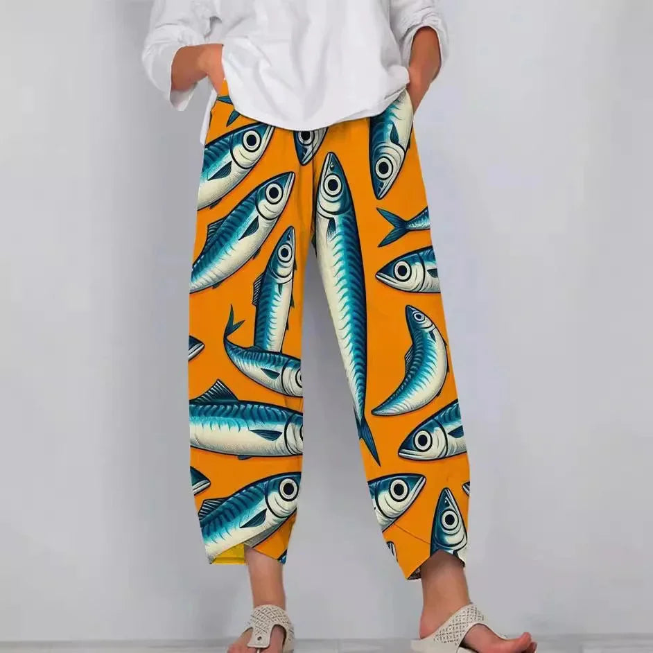 Women's Retro Fish Sardine Art Printing Linen Casual Pants