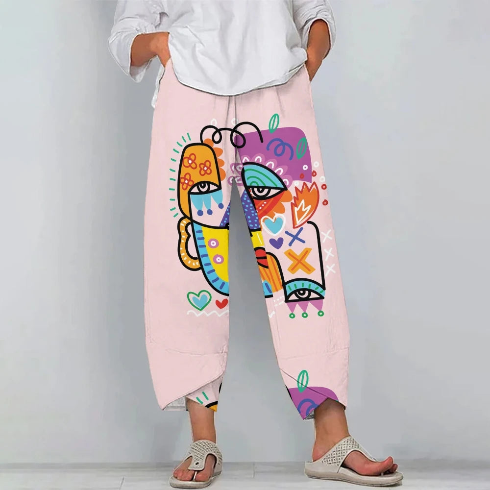 Pink Casual Print Trousers Women's Funny Graphic Chic Beach Pants 2024 New Party Wearing Retro Nine-Point Trousers