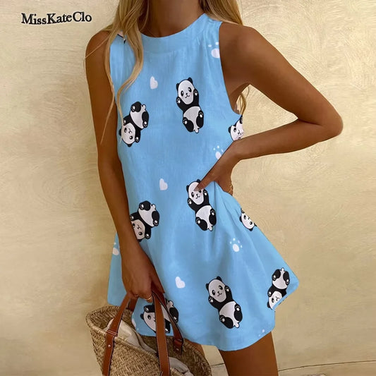 Women's Sleeveless Casual Dress Light Blue Panda Print Plus Size