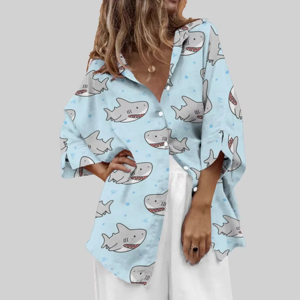 Ocean Fish Print Blue Shirt Seaside Vacation Clothing Full Printing Shirt Hot Selling 2024 Summer Tops Leisure Long Sleeved