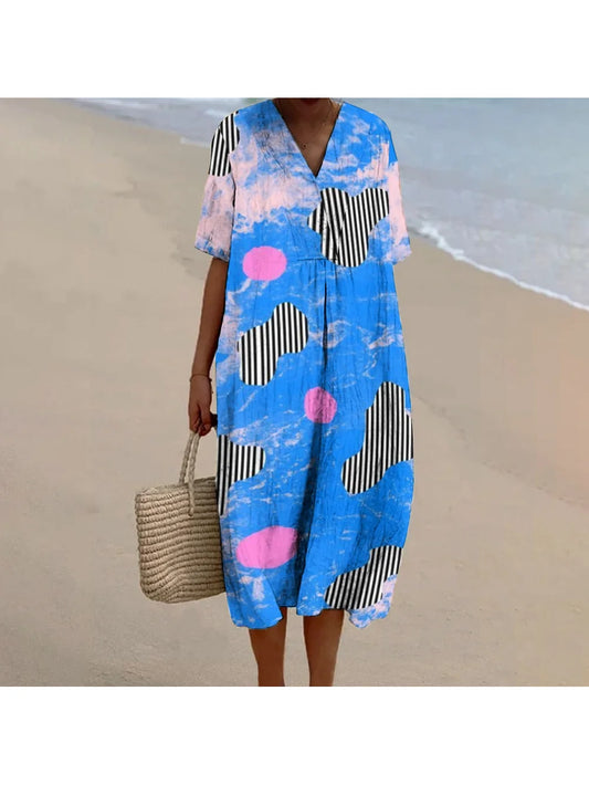 Ladies High Quality Beach Dress Pure Cotton Blue Smudge