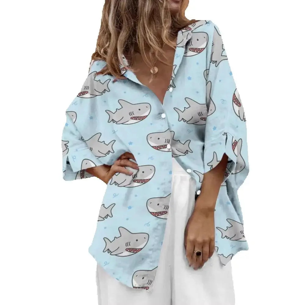 Ocean Fish Print Blue Shirt Seaside Vacation Clothing Full Printing Shirt Hot Selling 2024 Summer Tops Leisure Long Sleeved