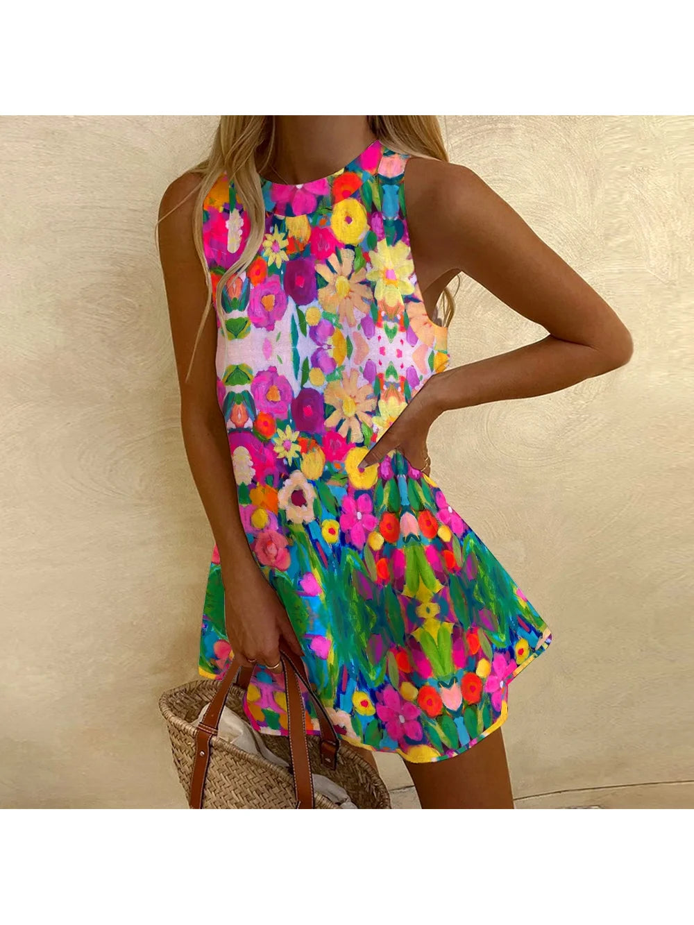 Summer Women's Casual Dress Sleeveless Design Luxury Flower Print Beach Dress Chic European And American New Holiday Dress