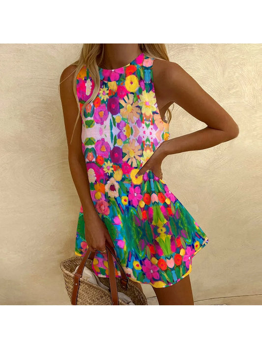 Summer Women's Casual Dress Sleeveless Design Luxury Flower Print Beach Dress Chic European And American New Holiday Dress