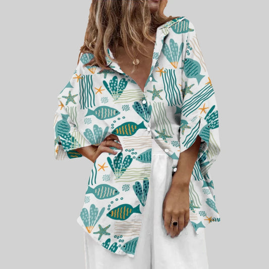 1-Piece Ocean Fish Print Oversized Flip Collar Blouse