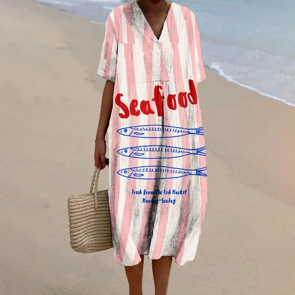 Y2K Women's Dress V-Neck Seafood Printing Summer Sundress