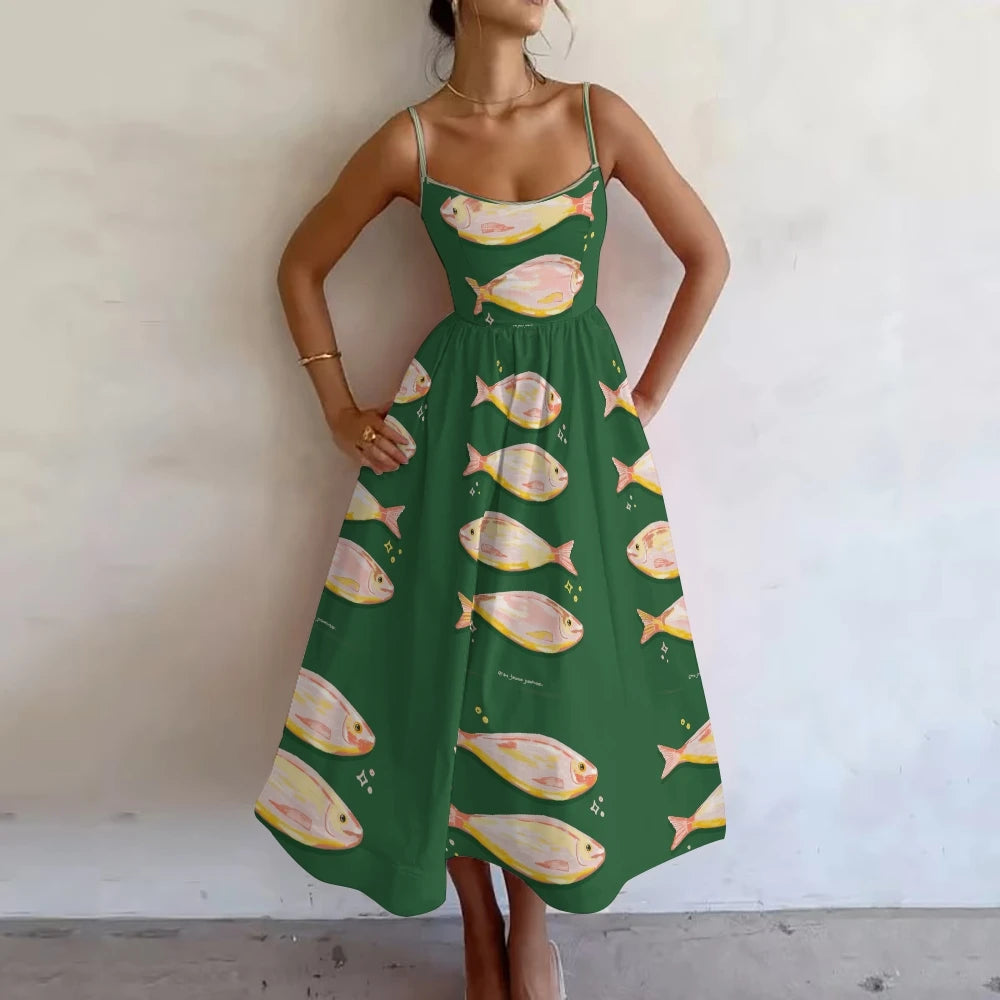 Vintage Women's Suspender Skirt Green Fish Pattern Print Bohemian Style Beach Dress A-Shaped Skirt Luxury High Quality