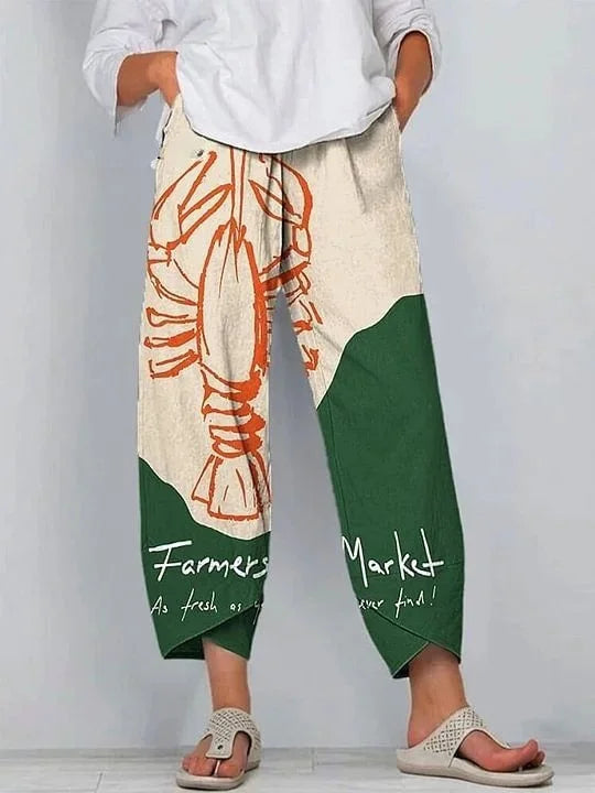 Women's Retro Fish Sardine Art Printing Linen Casual Pants