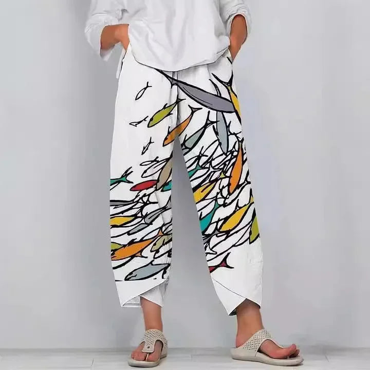 Women's Retro Fish Sardine Art Printing Linen Casual Pants