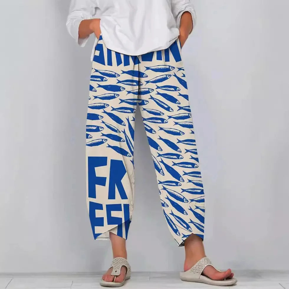 Women's Retro Fish Sardine Art Printing Linen Casual Pants