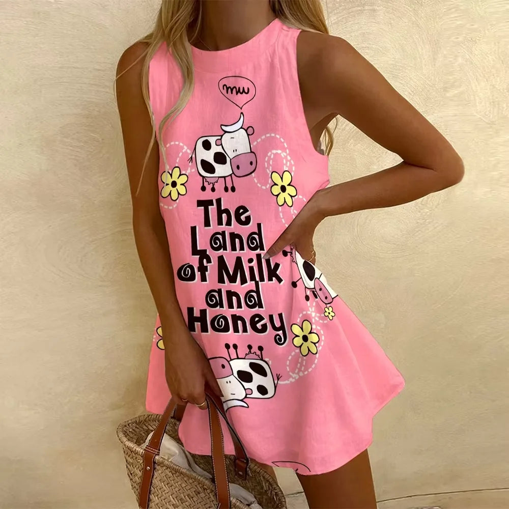 Women's Pink Sardines Graphic Dress Cute Puzzle Print Dress