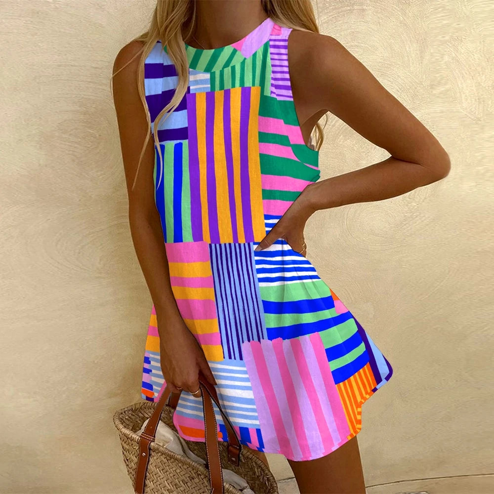 Women's Sleeveless Color Stripe Splicing Printed Dress Linen Summer Party Chic Girl High Quality Luxury Dress Lady Beach Skirt