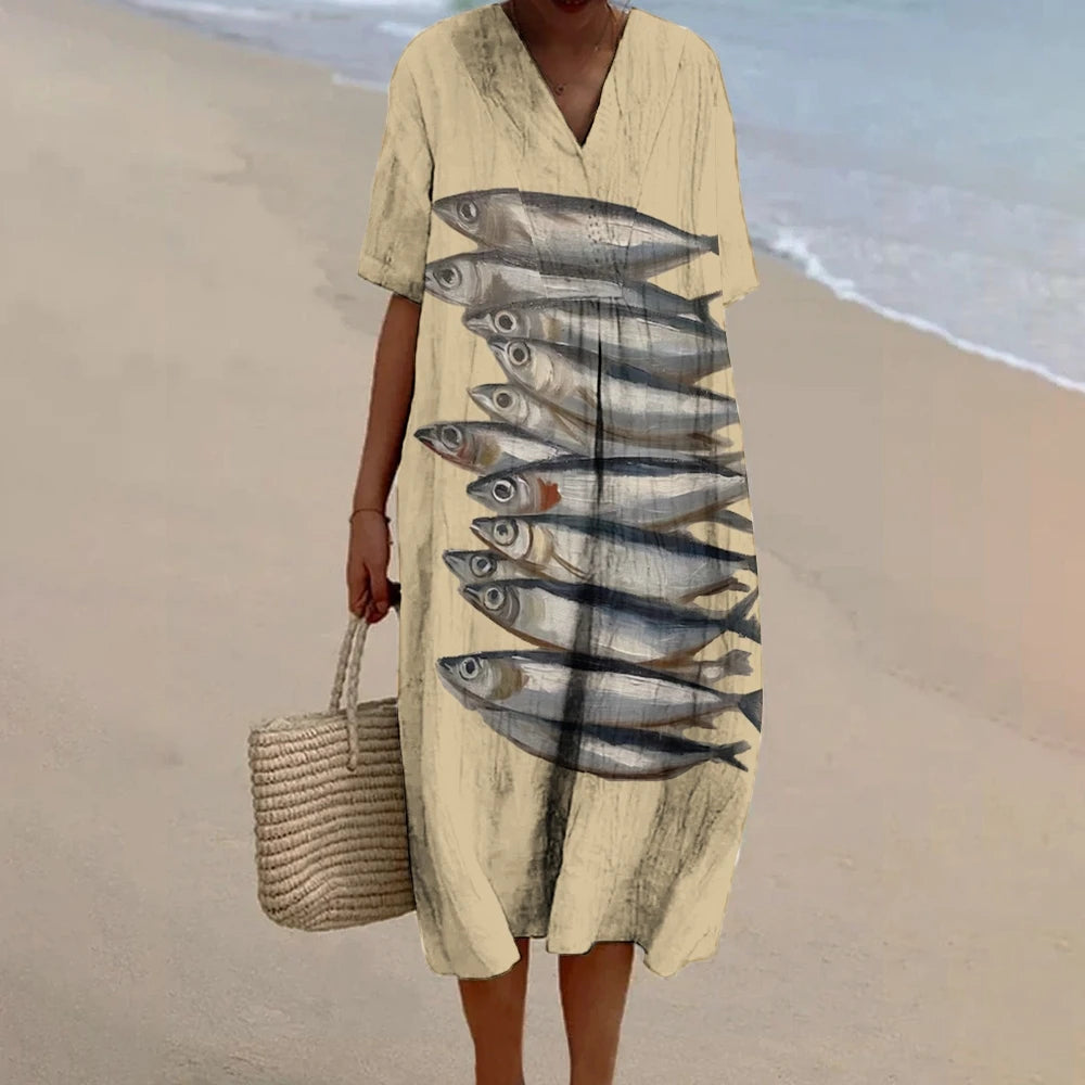 Long Strip Fish Beach Dress Women 2024 Luxury Maxi Dress