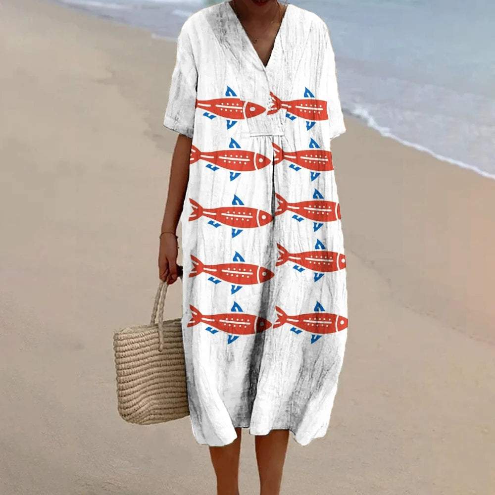 Sardines Fish Print Dress Women 2024 Maxi Linen A-line