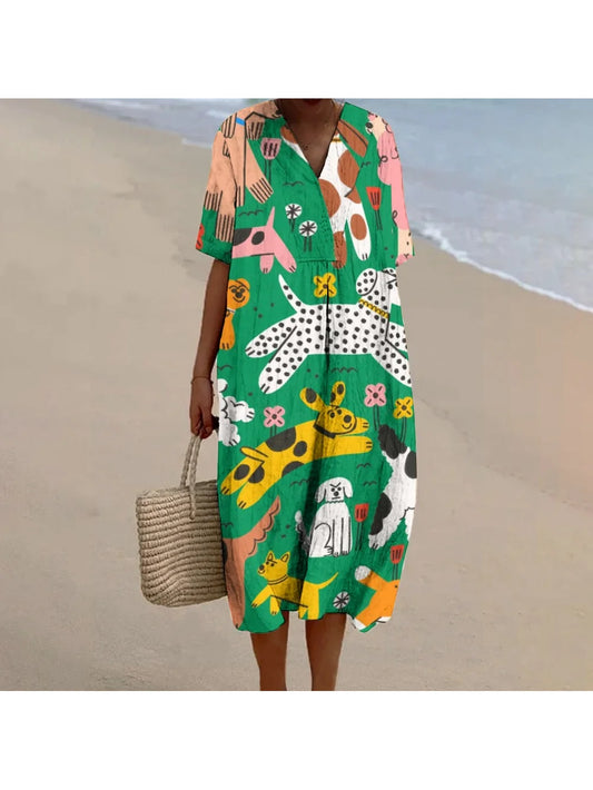 Green Cartoon Puppy Print Dress Cute Vitality Summer Fashion