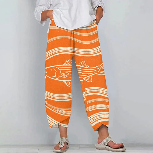 Fish Printed Bohemian Style Straight Trousers Luxury Pants